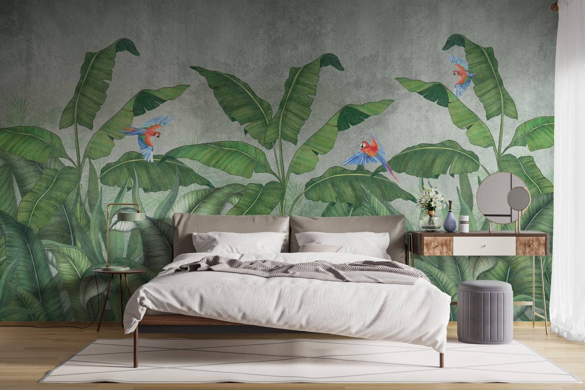 Green Plantains & Parrots Wallpaper Mural - Giffywalls A270
