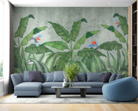 Vibrant green plantains and parrots wallpaper mural A270