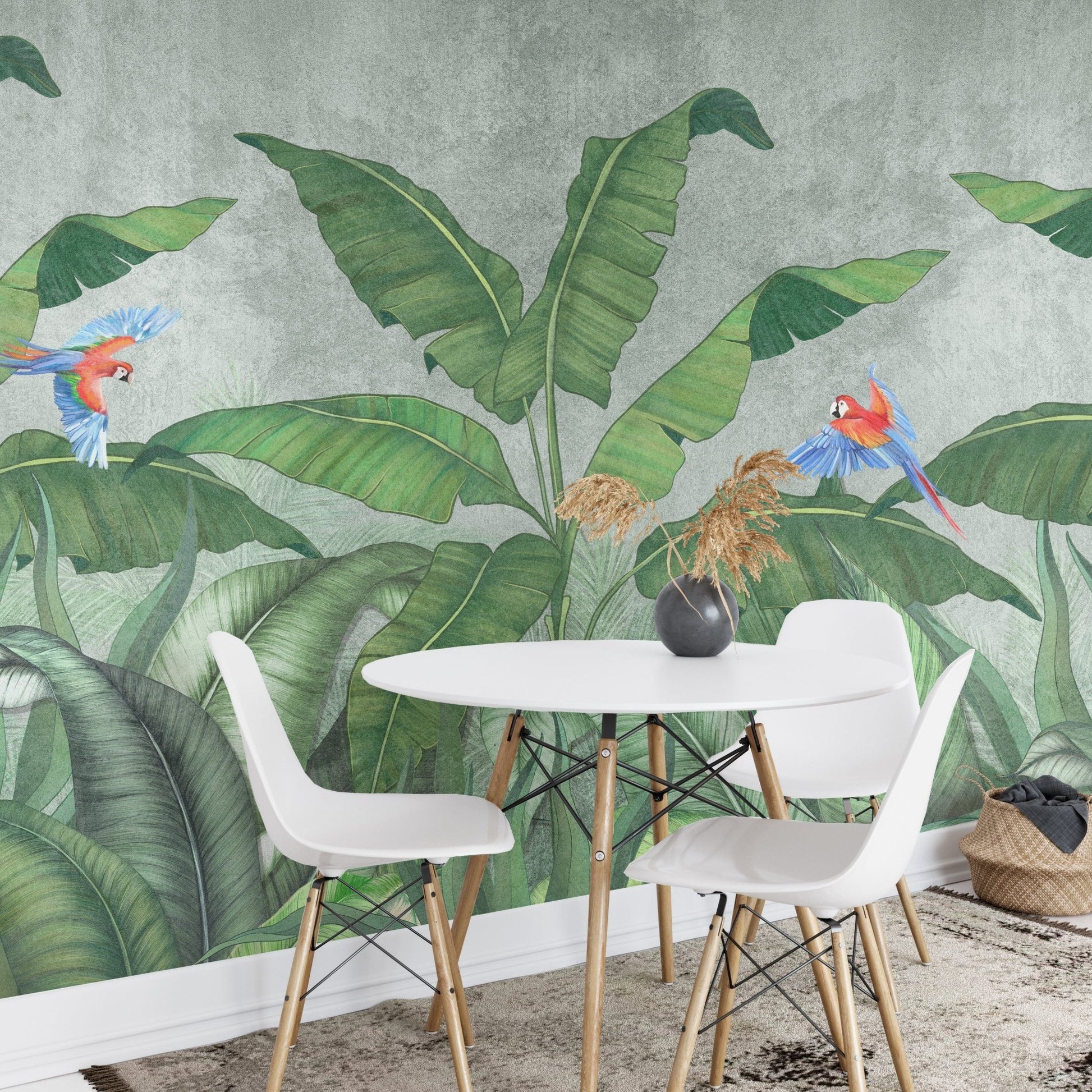 Green Plantains & Parrots Wallpaper Mural - Giffywalls A270