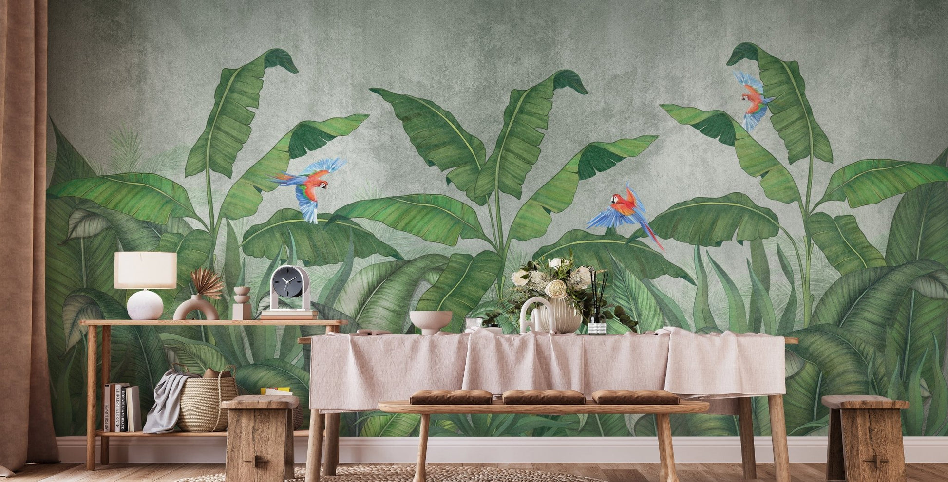 Green plantains and parrots wallpaper mural for walls A270