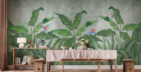 Green plantains and parrots wallpaper mural for walls A270