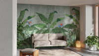 Green Plantains & Parrots Wallpaper Mural - Giffywalls A270