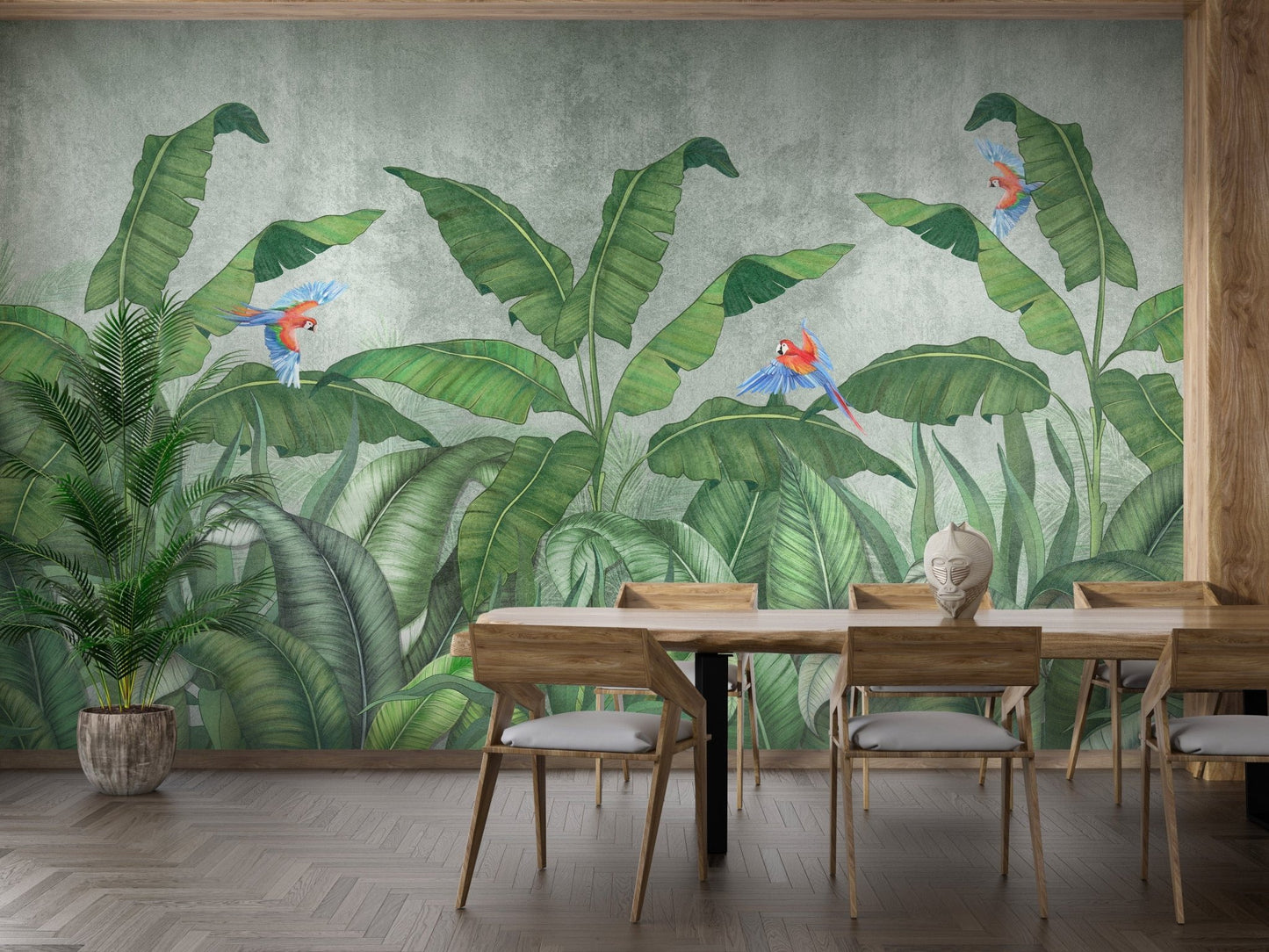 Green Plantains & Parrots Wallpaper Mural - Giffywalls A270