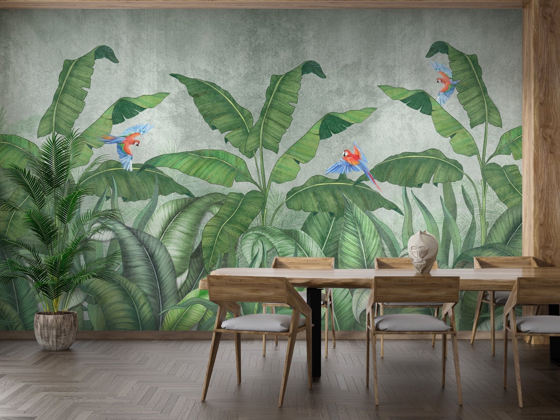 Green Plantains & Parrots Wallpaper Mural - Giffywalls A270