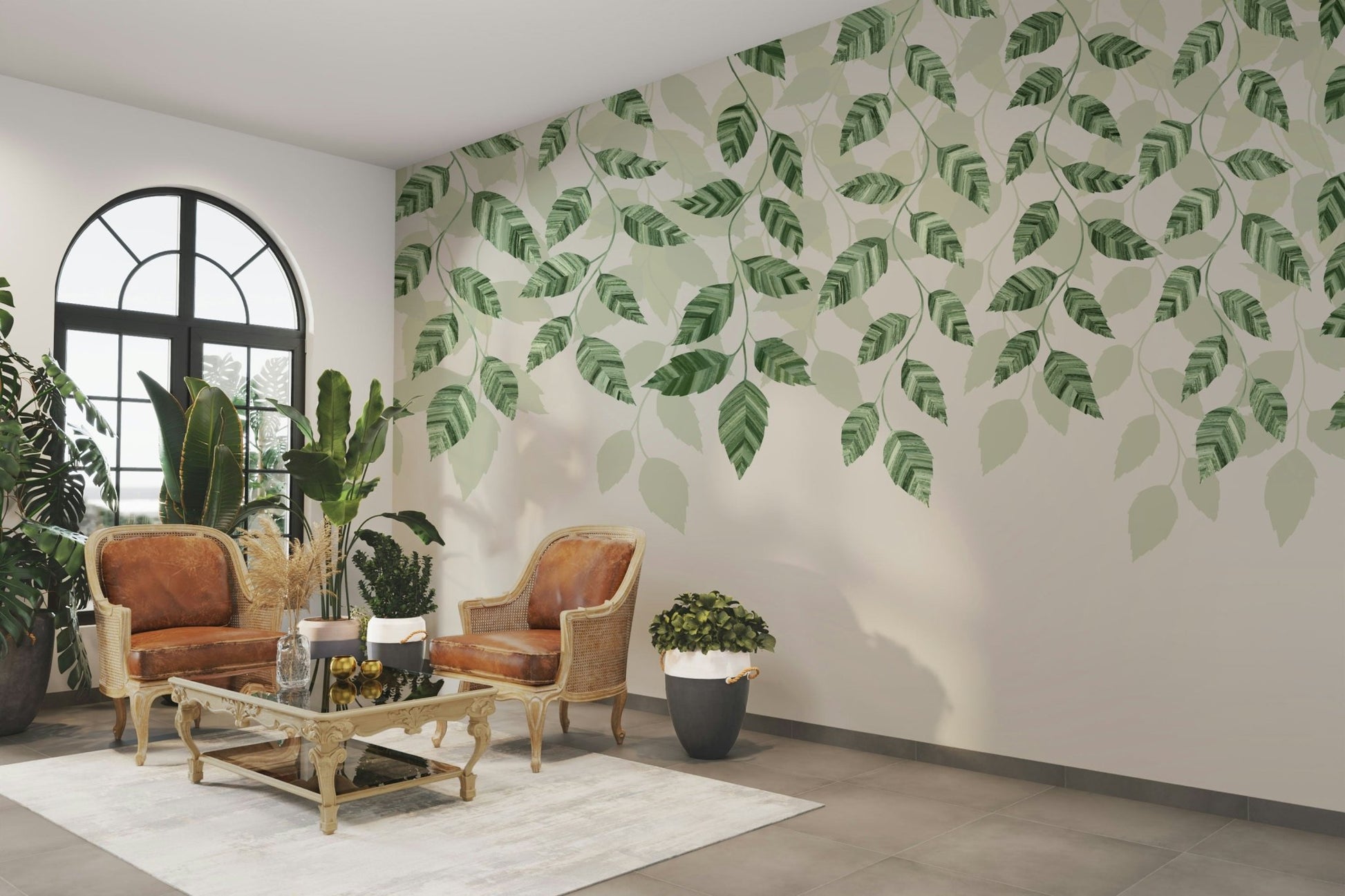 The colors are soft, muted tones of green, and yellow.

