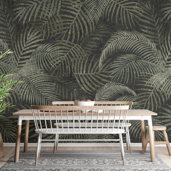 Lush green rustic tropical palms wallpaper mural for decor A252