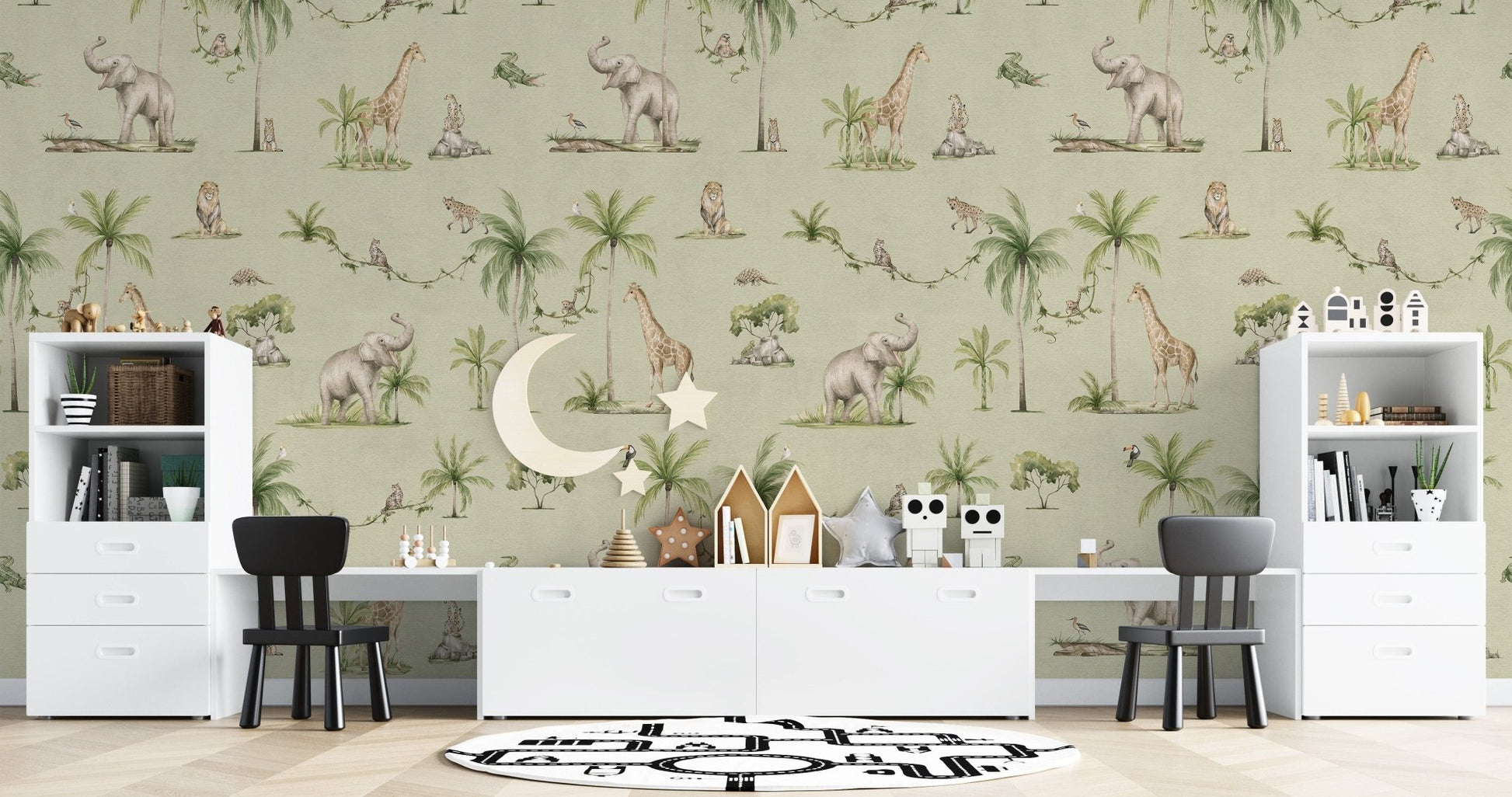 Green safari wildlife nursery wallpaper
