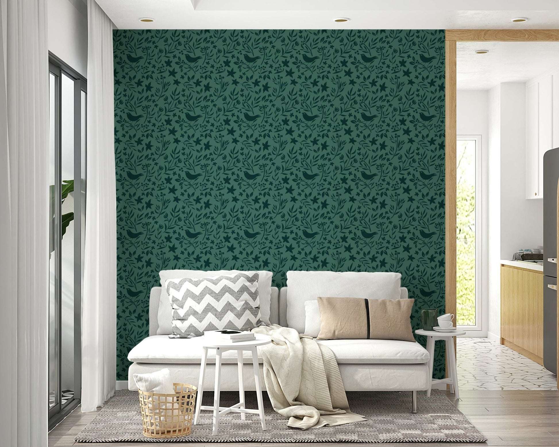 Intricate Folk Bird repeat wallpaper, decorative nature illustration, quaint.