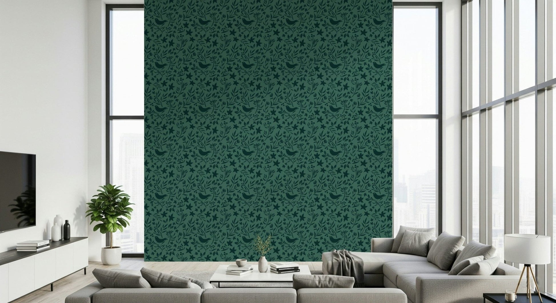 Lush Botanical Theme mural, dark teal backdrop, stylized natural elements.