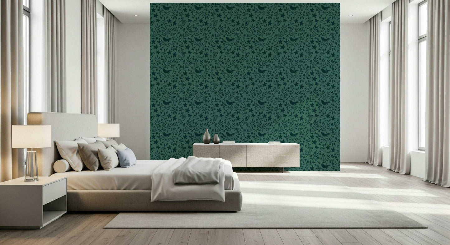 Artistic Scandi-style flora and fauna wallpaper, subtle and appealing design.