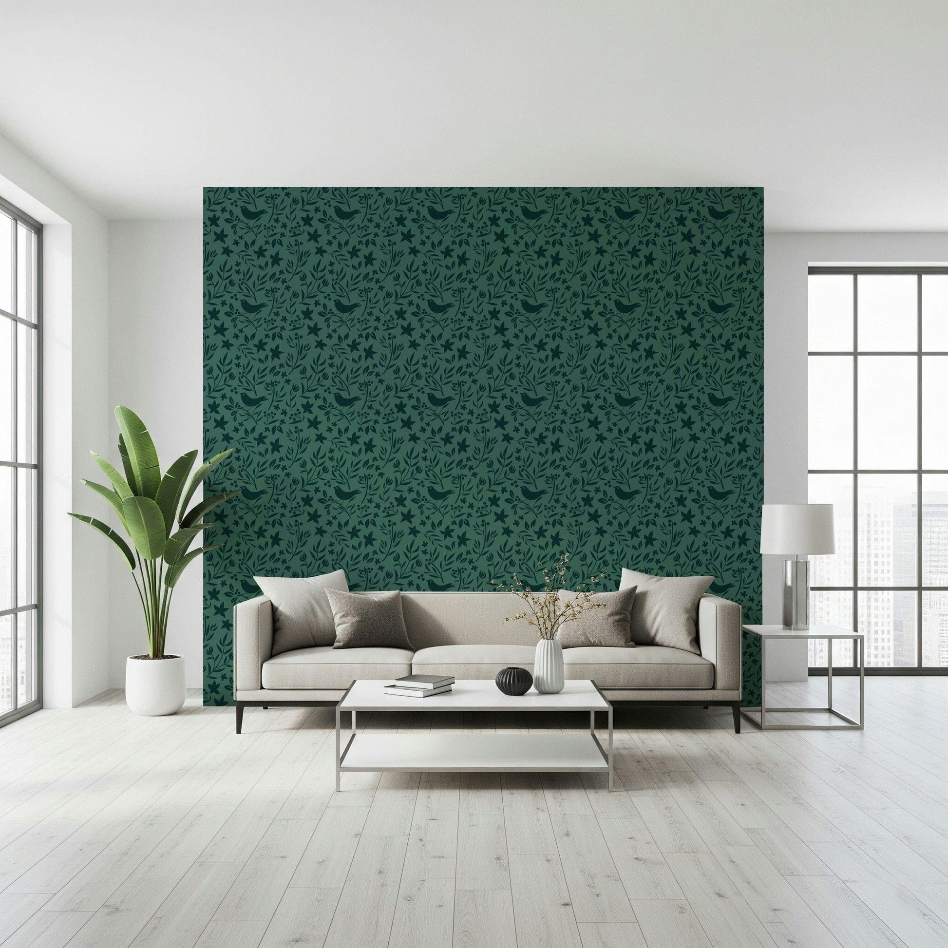 Charming Folk Bird pattern, stylized birds and berries, rich mural.