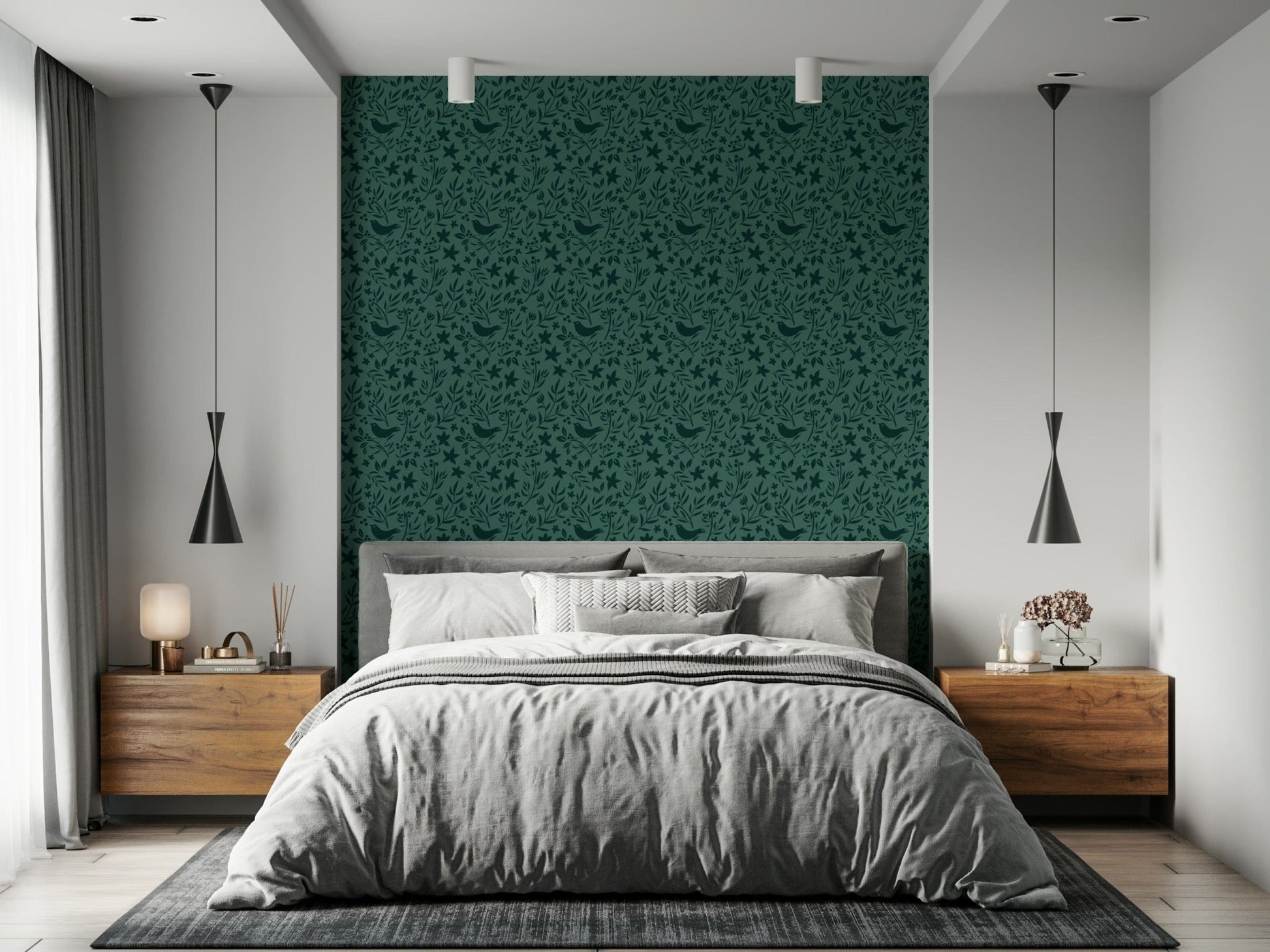 Dark emerald Folk Bird design, repeating natural motif, home decor mural.