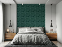 Dark emerald Folk Bird design, repeating natural motif, home decor mural.