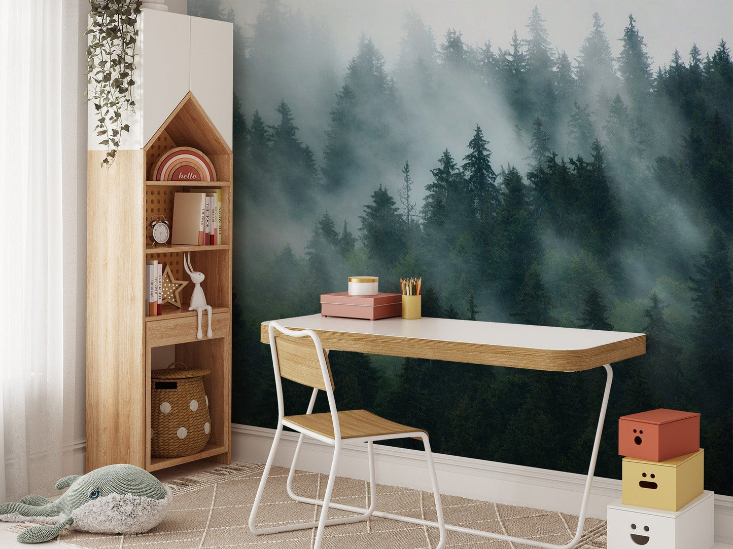 Removable green tree jungle foggy wallpaper