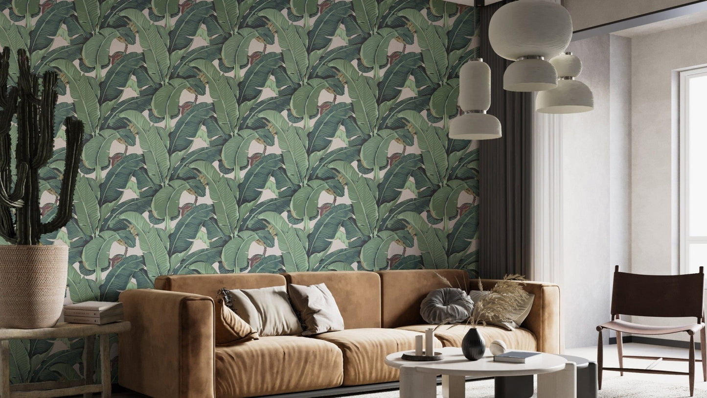 Tropical-inspired banana leaves mural art
 B111