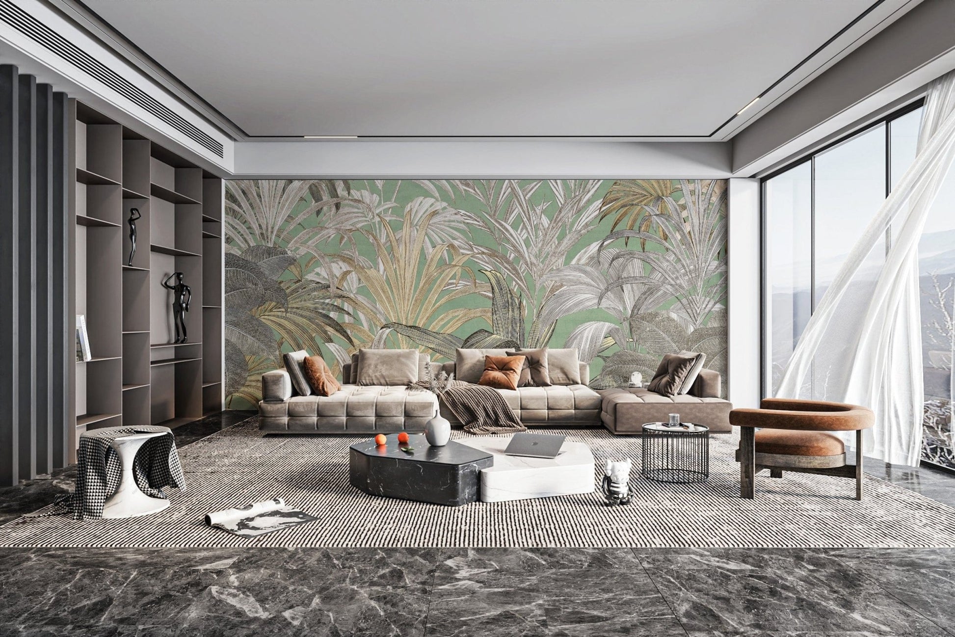 Golden palm leaves on green backdrop
