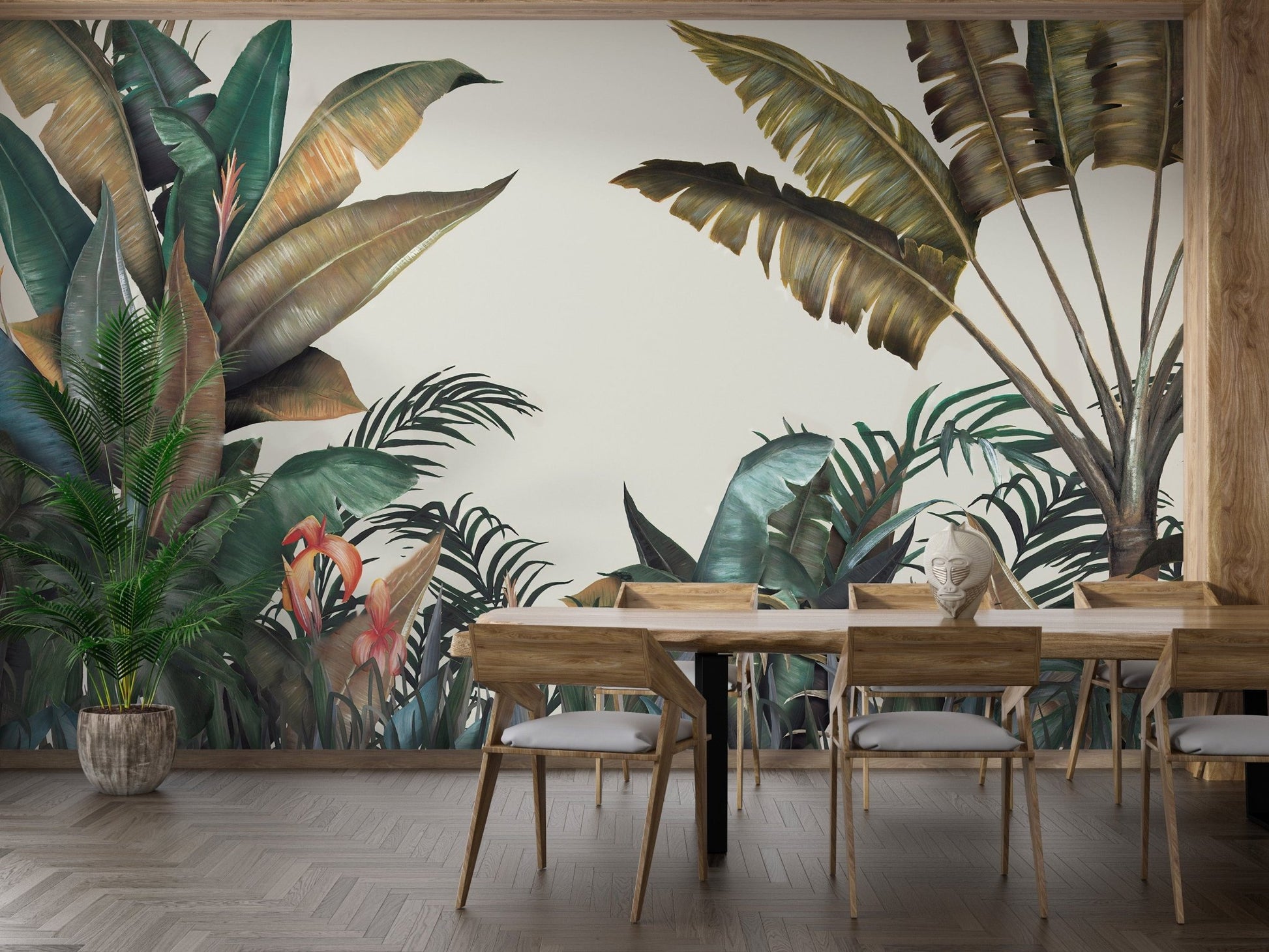 Green & Dusty Yellow Tropical Leaves Wallpaper Mural - Giffywalls A509
