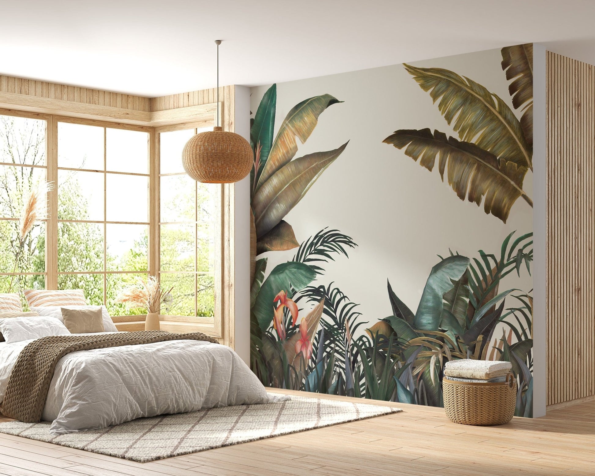 Green & Dusty Yellow Tropical Leaves Wallpaper Mural - Giffywalls A509