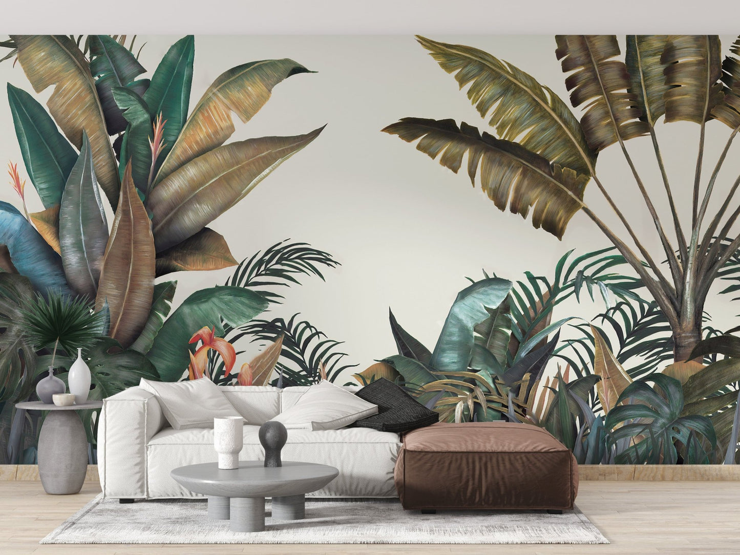 Monochrome Green & Dusty Yellow Leaves Wallpaper A509