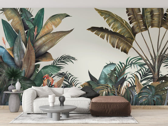 Monochrome Green & Dusty Yellow Leaves Wallpaper A509