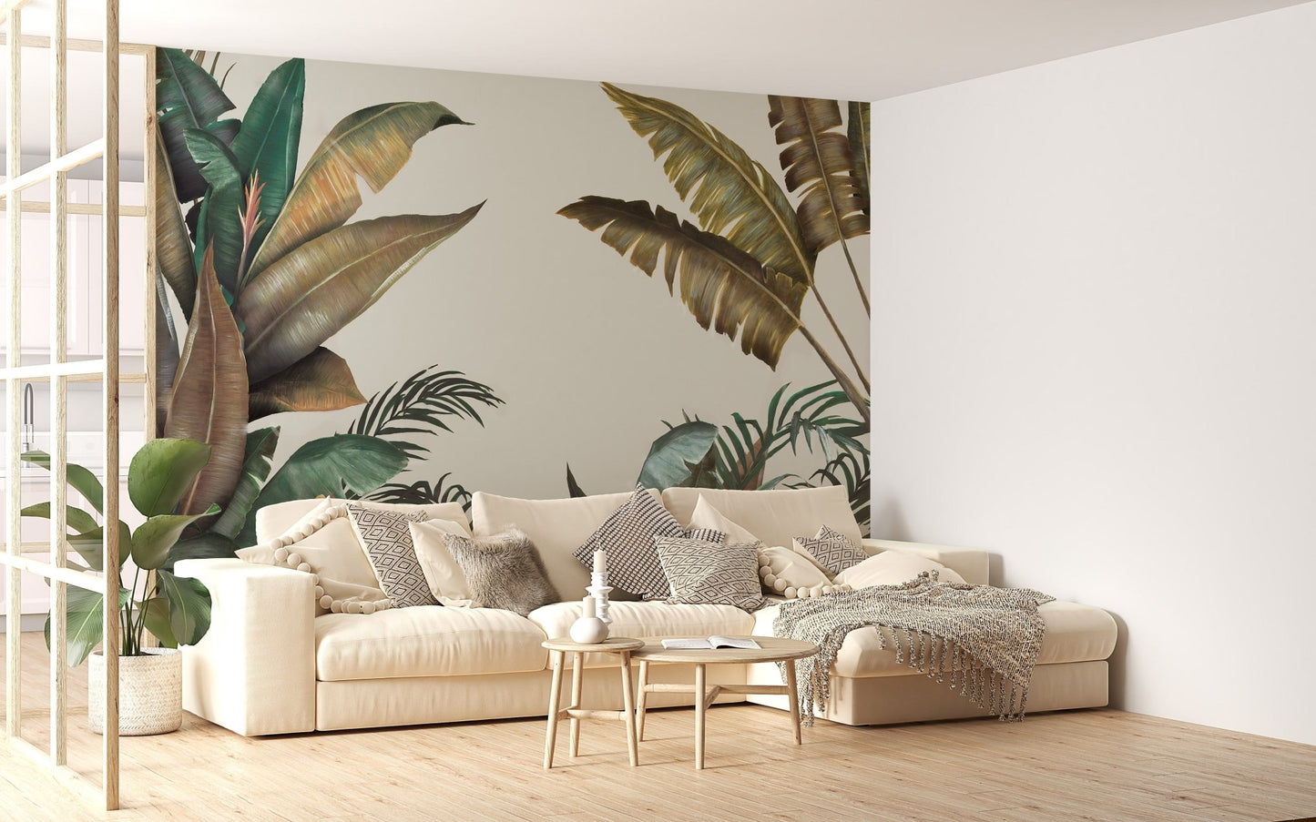Green & Dusty Yellow Tropical Leaves Wallpaper Mural - Giffywalls A509