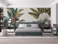 Green & Dusty Yellow Tropical Leaves Wallpaper Mural - Giffywalls A509