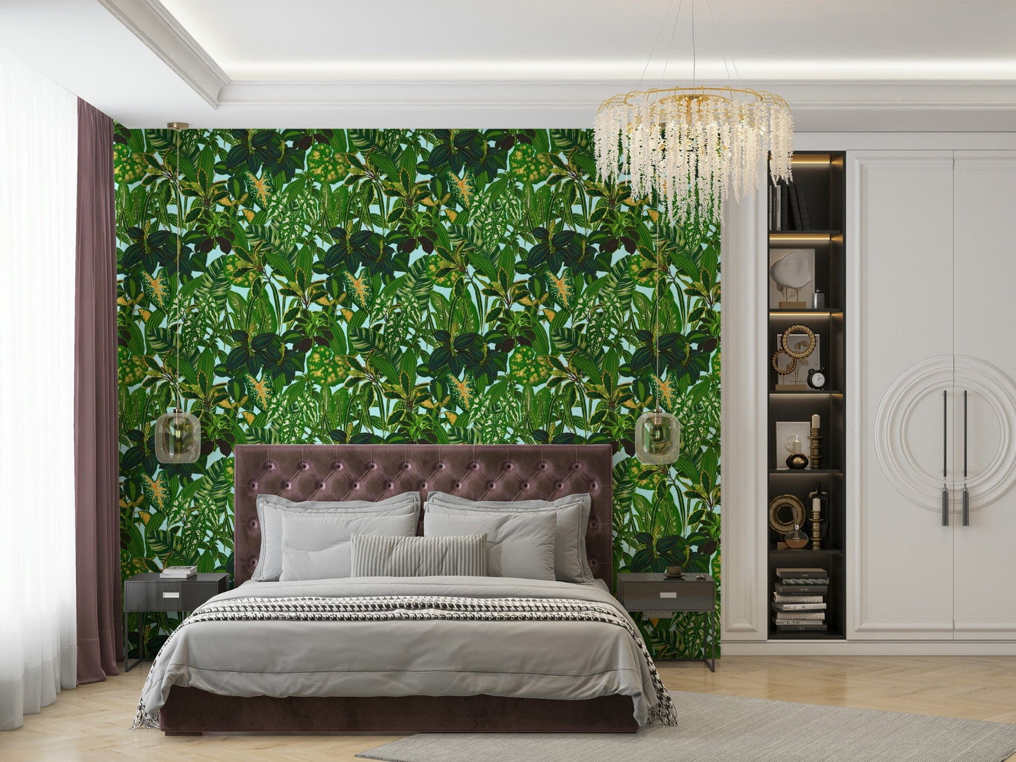 Wallpaper with broad green leaves.
