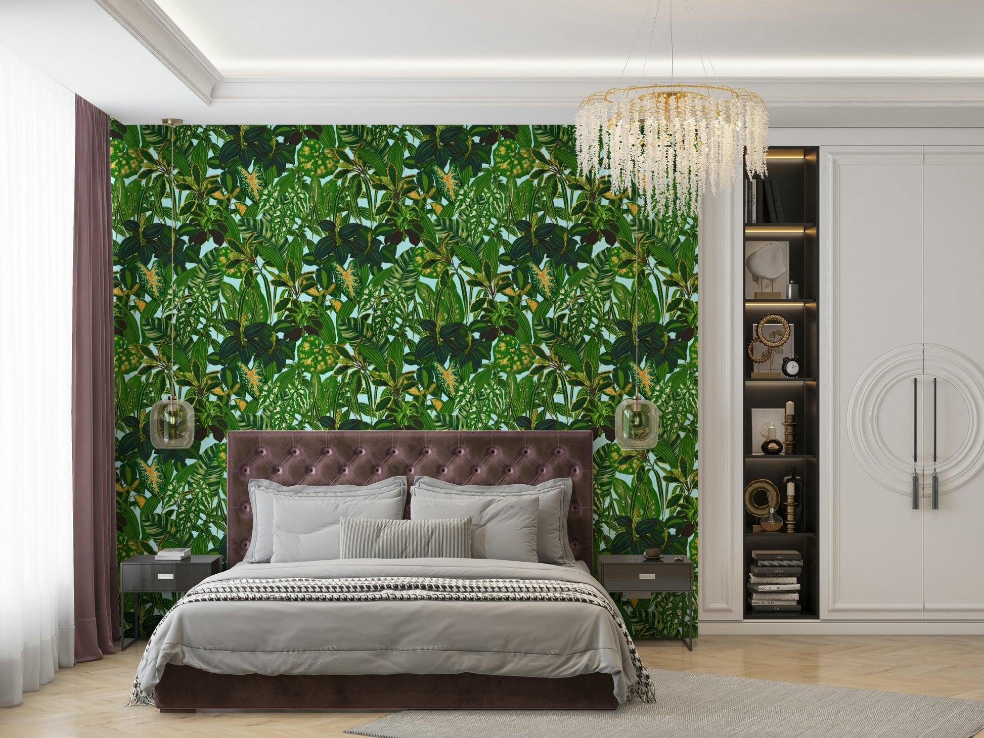 Wallpaper with broad green leaves.
