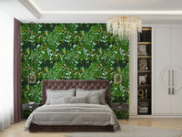 Wallpaper with broad green leaves.
