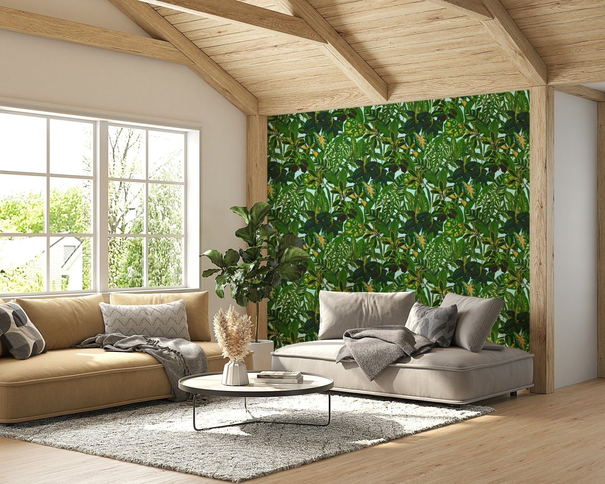 Wall mural with green palm leaves.
