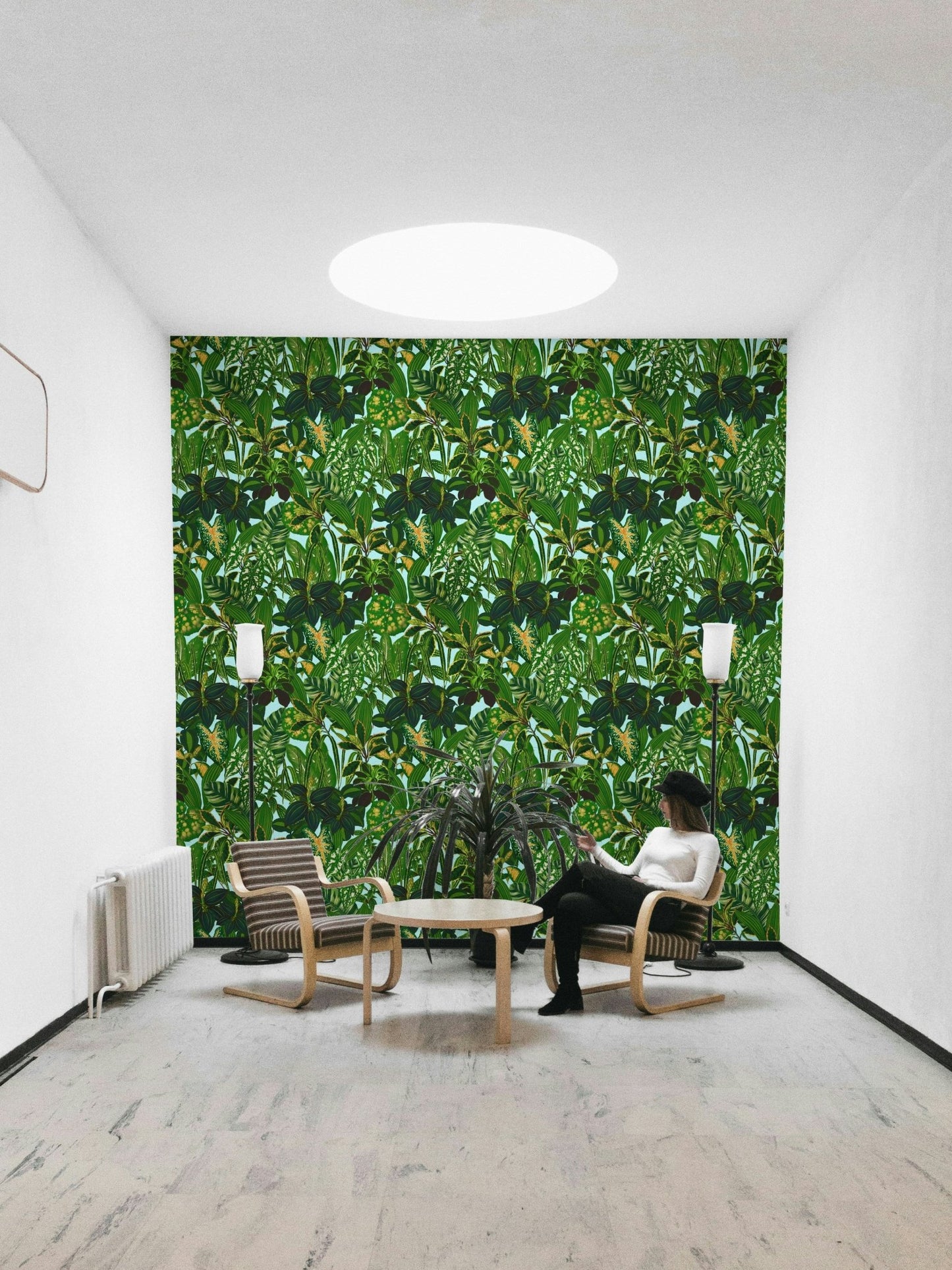 Botanical garden-themed wallpaper.
