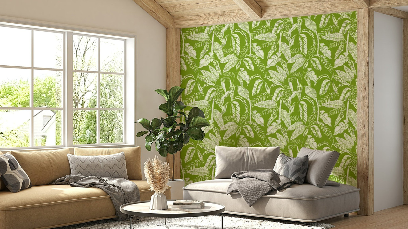 A sunroom decorated with a tropical mural

