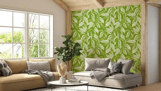 A sunroom decorated with a tropical mural

