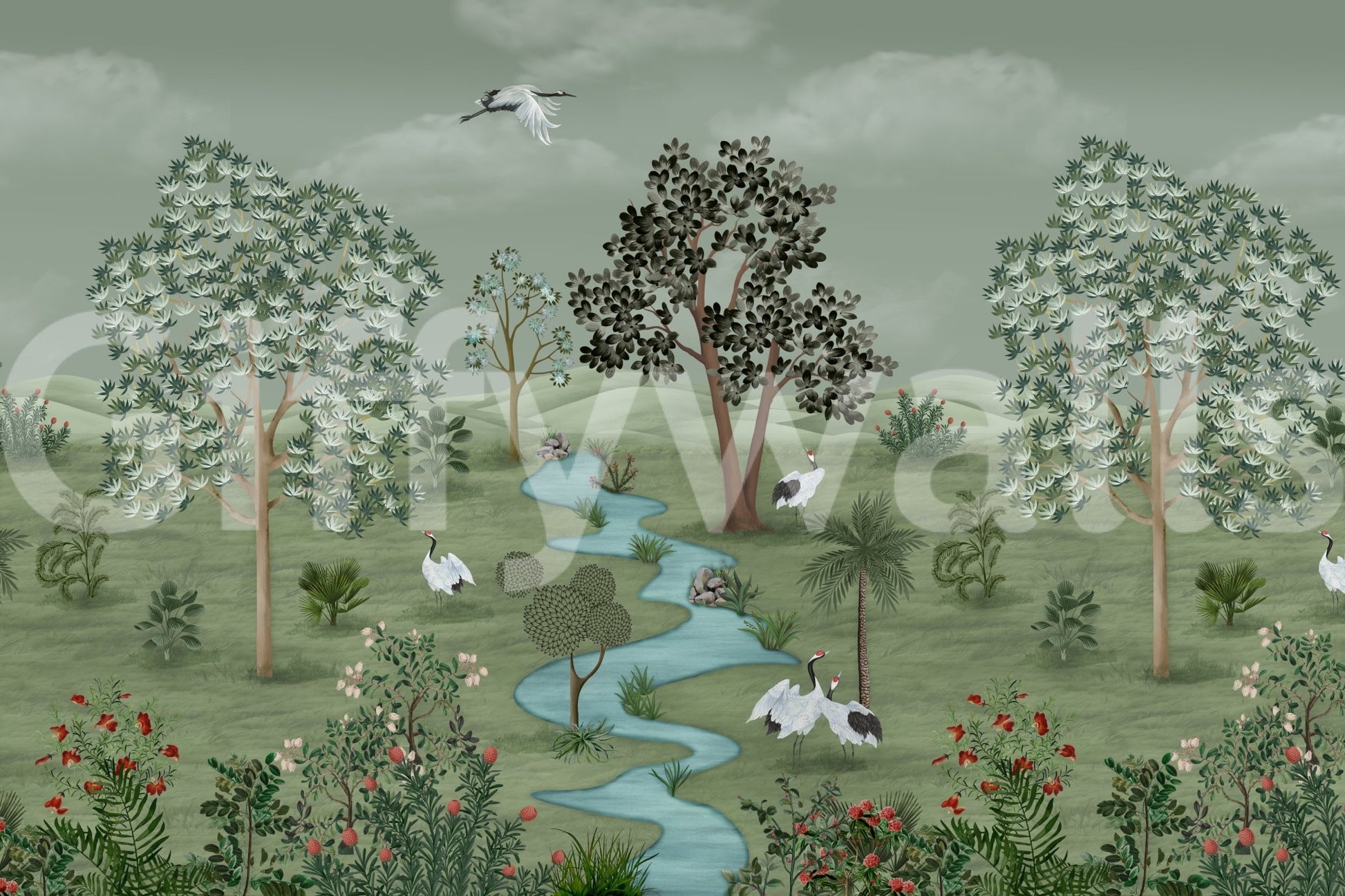 Green Valley Crane Vista Wall Mural