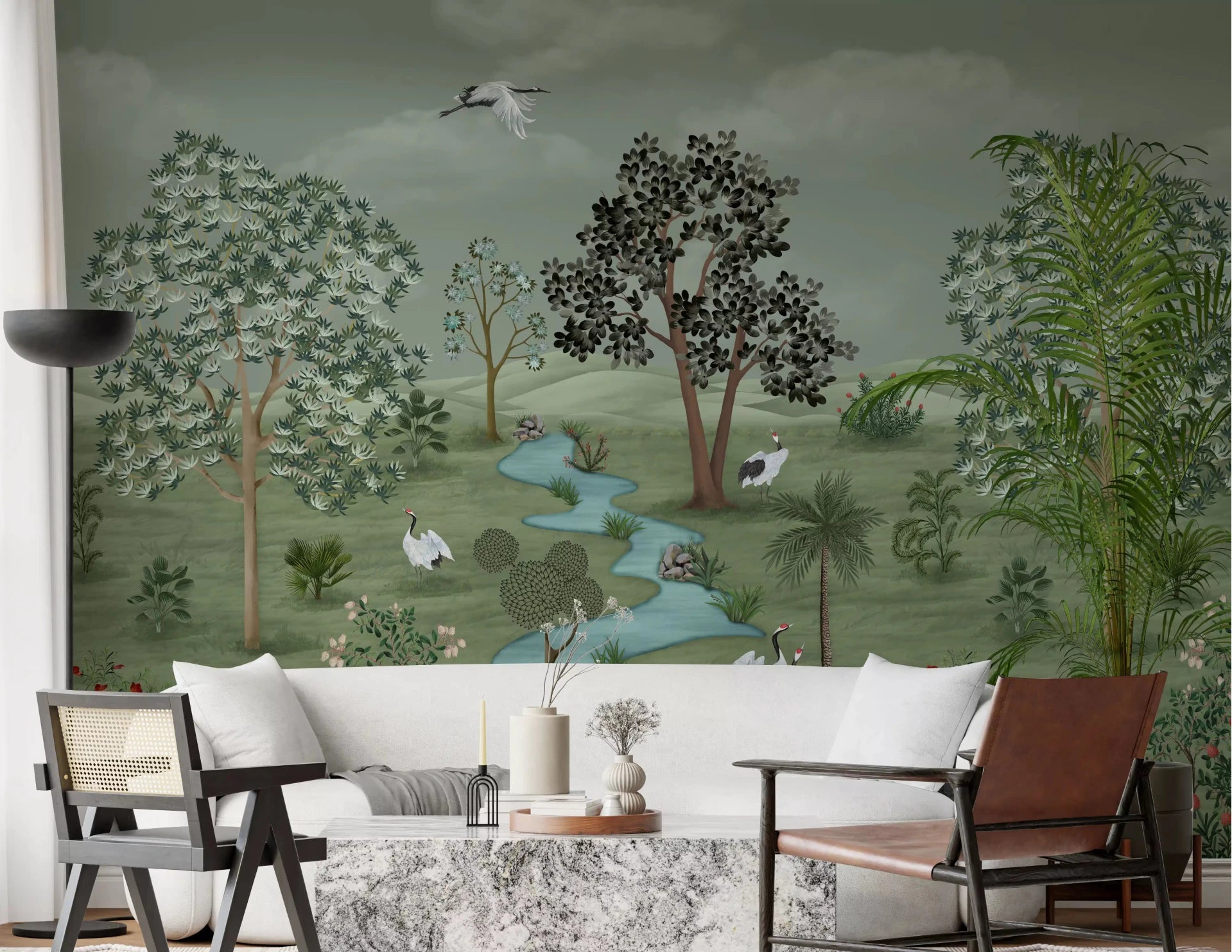 Crane vista wall mural with botanical plants and layered hills, GD9012