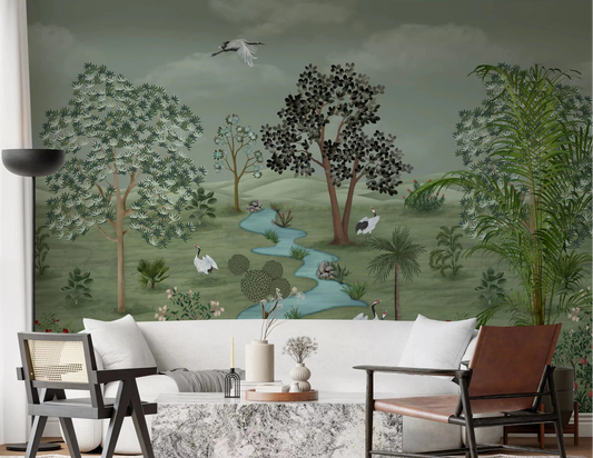 Crane vista wall mural with botanical plants and layered hills