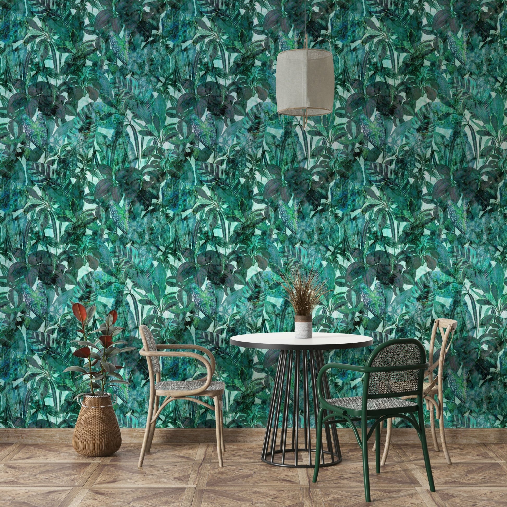 Mural wallpaper in a solid green.

