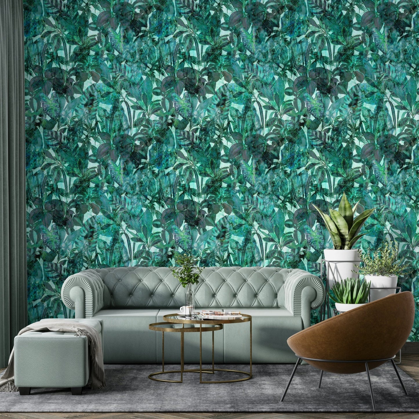 Green wallpaper for a living room.
