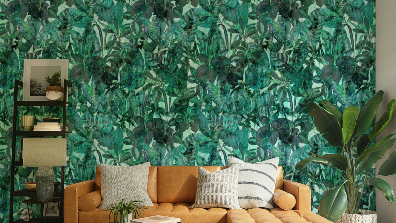 Solid green wall mural.
