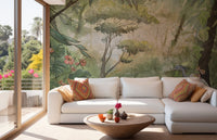 Watercolor forest wallpaper mural with green tones A312