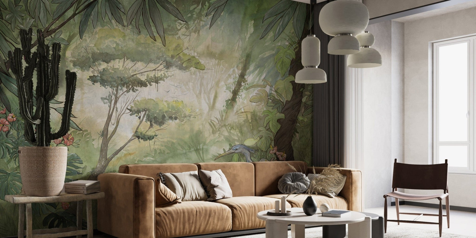 Peaceful green watercolor forest wallpaper for bedrooms A312