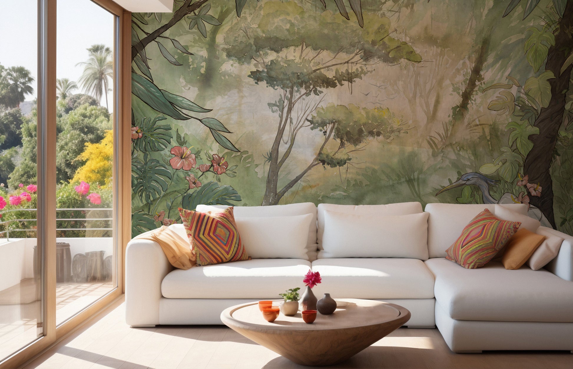 Watercolor forest wallpaper mural with green tones