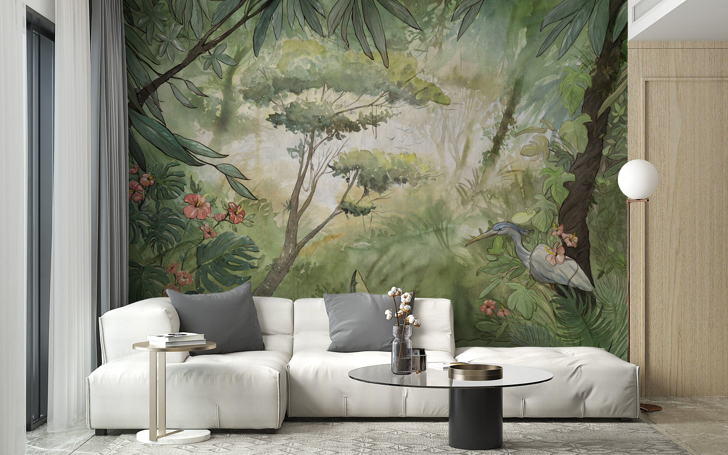 Beautiful green watercolor forest mural for rooms