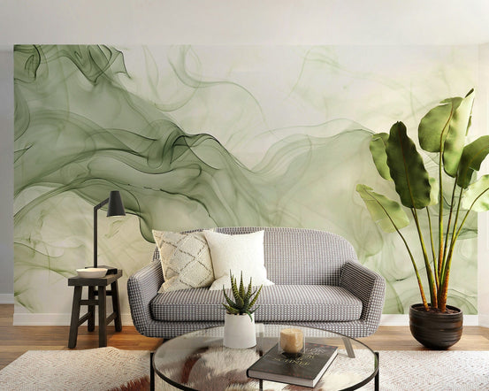 Green Watercolor Ink Mural for Living Room C471