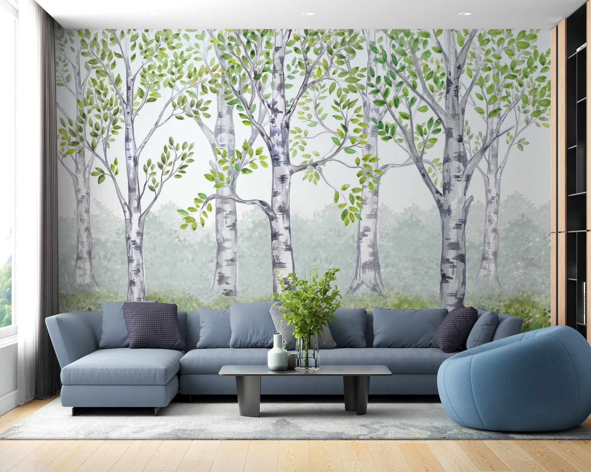 Green watercolor wood wallpaper mural for children's rooms