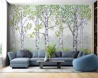 Green watercolor wood wallpaper mural for children's rooms