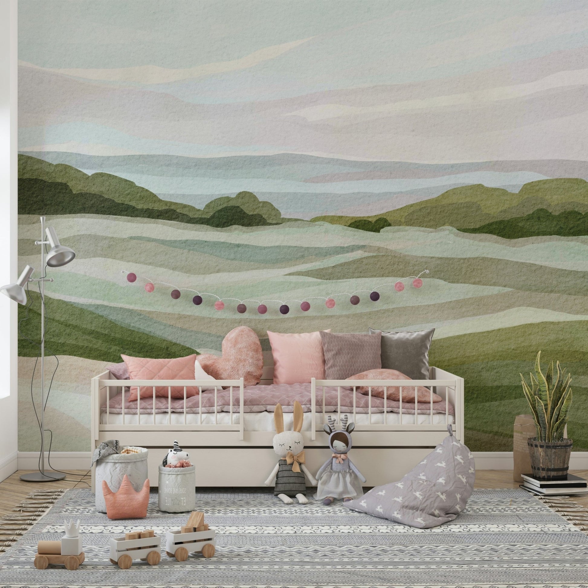 Soft green gradient mural of hill silhouettes

