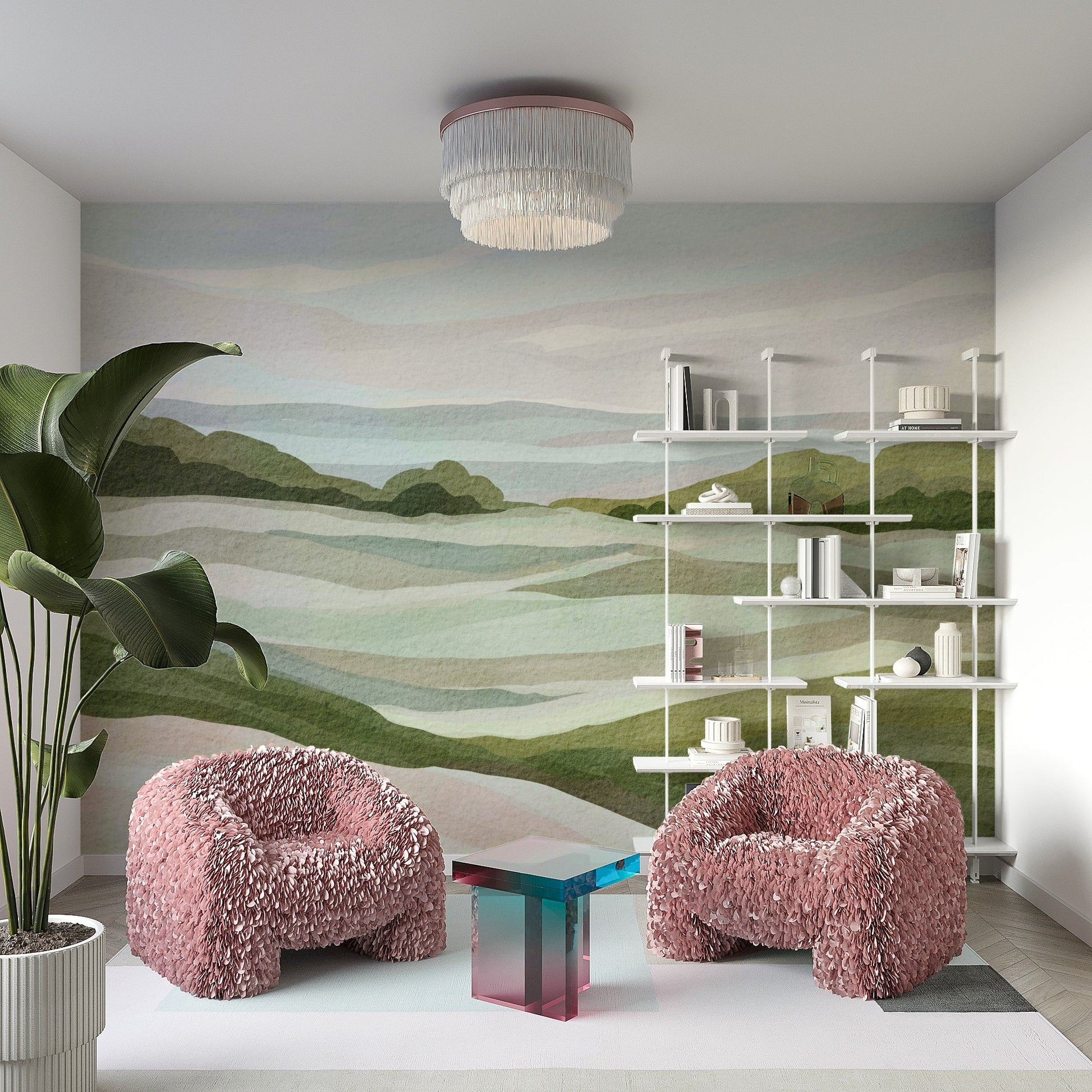 Peaceful hill mural in soothing green tones

