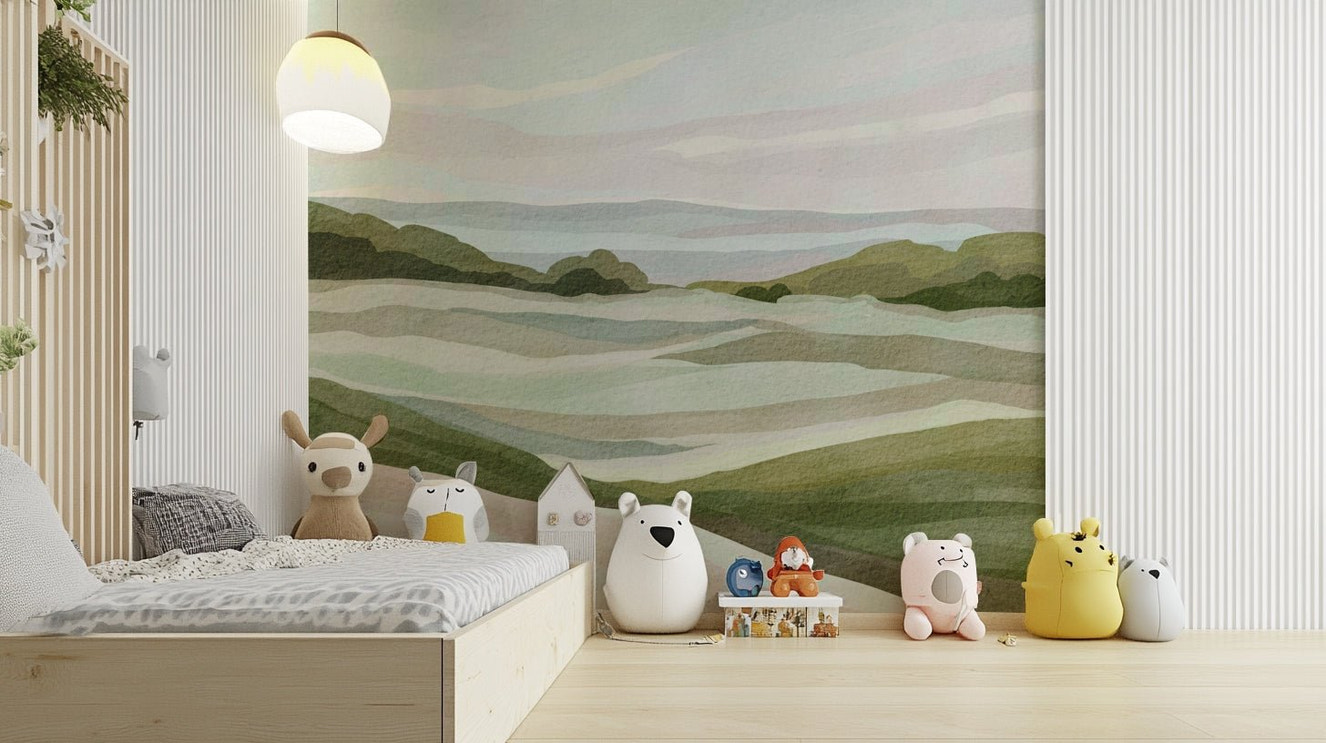 Green Whispering Hills Wall Mural with soft layers

