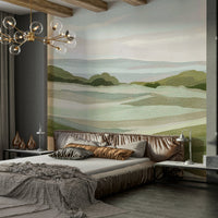 Serene green hills mural for modern interiors

